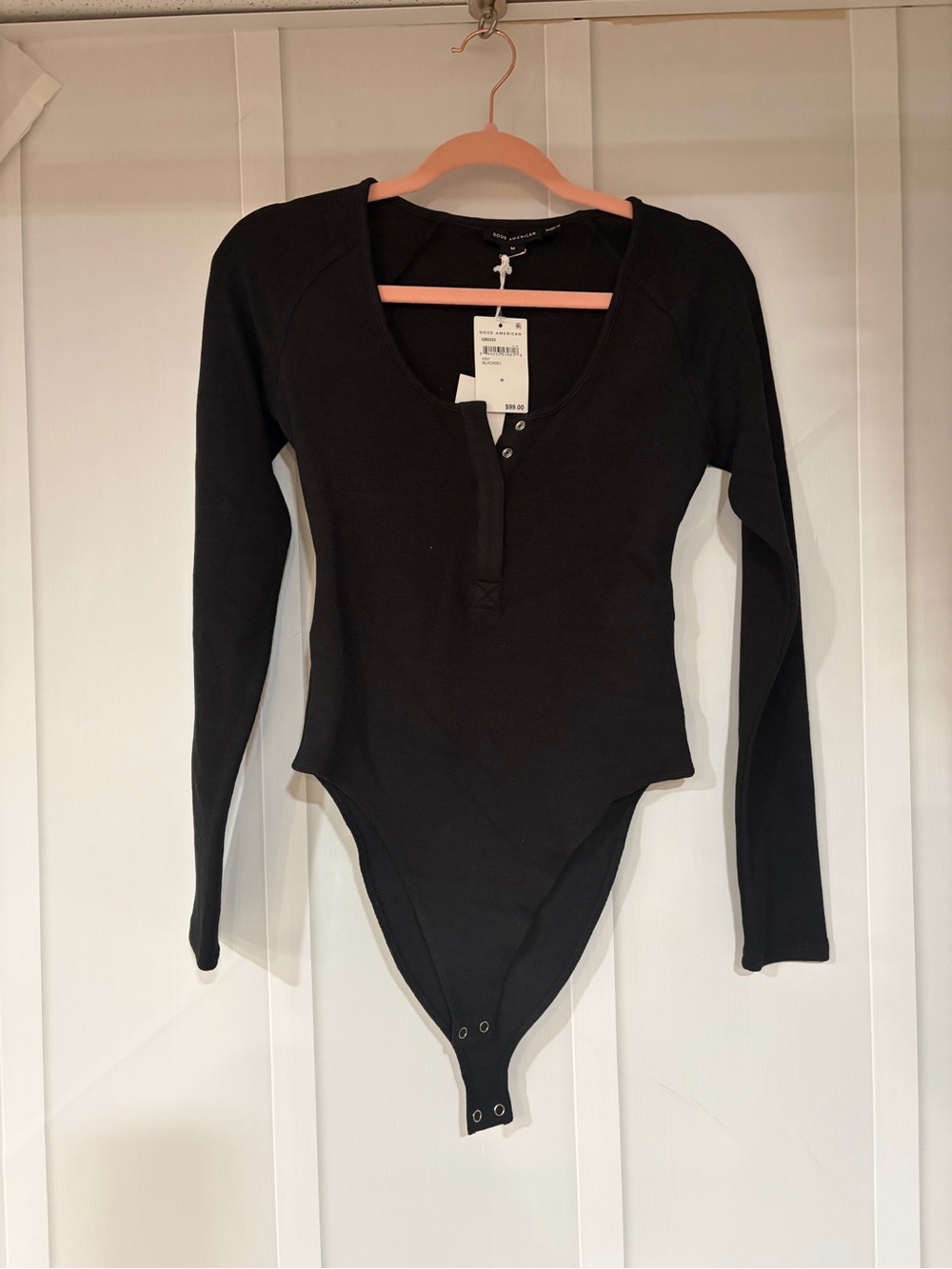 Good American Black Long-Sleeve Henley Bodysuit